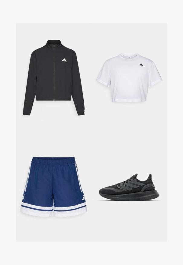 adidas Performance TRAIN ESSENTIALS 3 STRIPES WARM UP - Treningsjakke - black/white; Hvit kortermet t-skjorte laget av mykt stoff, med korte ermer og rund hals. Svart logo på venstre bryst.; Marineblå treningsshorts med elastisk midje, hvite detaljer og tre striper på hver side; laget av lett og pustende materiale.; Svarte sportsko med mesh-overdel, teksturerte paneler, tre striper detaljer og en buet såle merket "LIGHT BOOST."