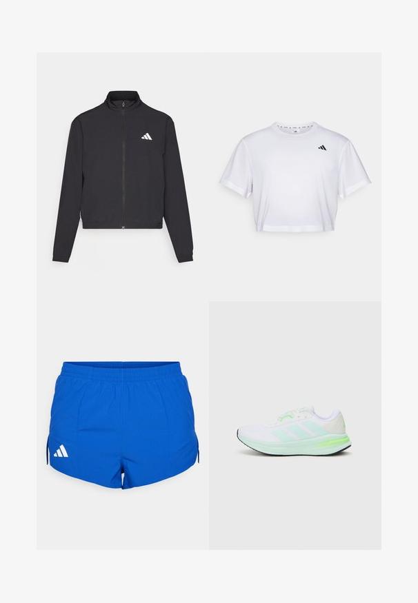 adidas Performance TRAIN ESSENTIALS 3 STRIPES WARM UP - Športna jakna/jopica - black/white; Bela skrajšana majica iz mehkega blaga, z kratkimi rokavi in okroglim izrezom. Črn logotip na levem prsou.; Modre atletske kratke hlače z elastikastim pasom, z belim Adidasovim logotipom na levi strani in stranskimi razporki za boljšo gibljivost.; Bela atletska čevlja z mrežnim zgornjim delom, limetno zelenimi detajli in črnim podplatom. Ima obliko treh črt na strani in oblazinjen ovratnik.