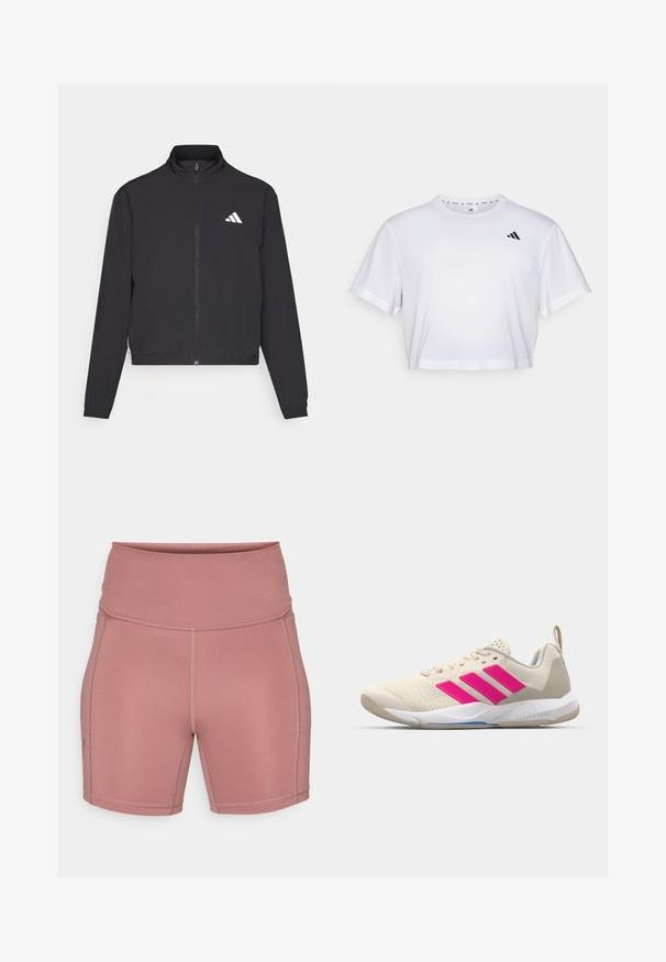 adidas Performance TRAIN ESSENTIALS 3 STRIPES WARM UP - Jakna za treniranje - black/white; Bijela skraćena majica od mekog materijala, s kratkim rukavima i okruglim izrezom. Crni logo na lijevoj strani prsnog koša.; Under Armour MIDDIE SHORT - Tajice - maroon mist/dark maroon; Bež sportska cipela s ružičastim logotipom u obliku tri pruge, gornjište od teksturirane mrežice, podstavljeni ovratnik i bijela gumena đon, s "LIGHTSTRIKE" brendom.