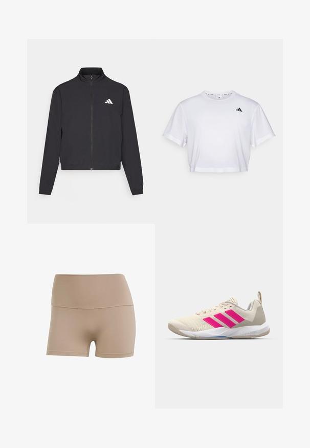 adidas Performance TRAIN ESSENTIALS 3 STRIPES WARM UP - Trainingsvest - black/white; Witte cropped t-shirt gemaakt van zachte stof, met korte mouwen en een ronde hals. Zwart logo op de linkerborst.; Nude kleur stretch stof shorts met een hoge taille, een gladde textuur en contrasterende stiksels. Ontworpen voor comfort en flexibiliteit.; Beige sportshoe met een roze drie-strepen logo, een textuur-mesh bovenkant, een gevoerde kraag en een witte rubberen zool, met "LIGHTSTRIKE" branding.