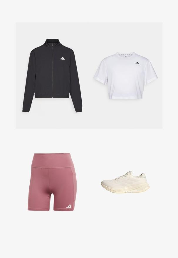adidas Performance TRAIN ESSENTIALS 3 STRIPES WARM UP - Training jacket - black/white; White cropped t-shirt made from soft fabric, featuring short sleeves and a round neckline. Black logo on the left chest.; Pink athletic shorts made of smooth fabric, featuring a high waistband, side pocket, and a white three-stripe logo on the lower edge.; Light beige athletic shoe with a mesh upper, flat laces, and a cushioned sole. Features three stripes design on the lateral side.