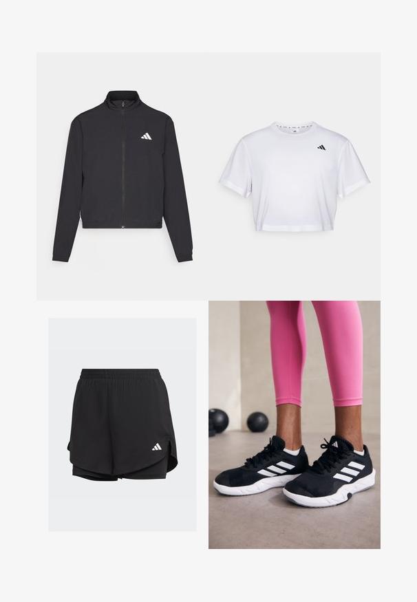 adidas Performance TRAIN ESSENTIALS 3 STRIPES WARM UP - Športna jakna/jopica - black/white; Bela skrajšana majica iz mehkega blaga, z kratkimi rokavi in okroglim izrezom. Črn logotip na levem prsou.; Črne atletske kratke hlače z elastičnim pasom, plastičnim dizajnom, notranjimi prilagojenimi hlačami in belim logotipom na spodnji levi strani.; Črne športne čevlje z belimi črtami, teksturirano mrežasto zgornjišče in belo podplat. Obuti z roza legginsom, ki prikazujejo športno obleko.