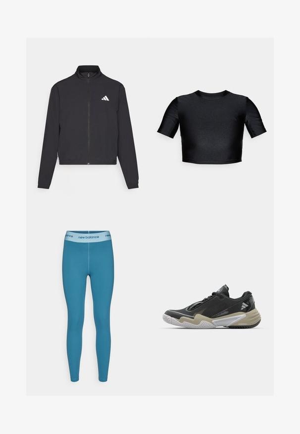 adidas Performance TRAIN ESSENTIALS 3 STRIPES WARM UP - Tréning dzseki - black/white; Fekete, rövid fazonú, fényes, sima anyagból készült felső. Rövid ujjakkal és kerek nyakkivágással rendelkezik. Minimalista dizájn, látható minták vagy részletek nélkül.; Kék, elasztikus leggings sima textúrával és rugalmas derékrésszel, amelyen világoskék "new balance" logó található.; Fekete és bézs sportcipő texturált felsőrésszel, hangsúlyos talpdesignnal, fényvisszaverő kiegészítőkkel és fűzőrendszerrel. Könnyű kivitel.