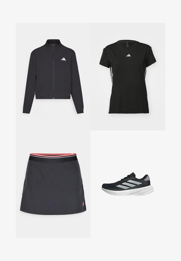 adidas Performance TRAIN ESSENTIALS 3 STRIPES WARM UP - Verryttelytakki - black/white; Mustat urheilu t-paita lyhyillä hihoilla, valmistettu synteettisestä materiaalista. Sisältää pienen valkoisen logon rinnassa ja valkoiset raidat sivuilla.; Mustat hameet, joissa on tiukka vyötärö ja vaaleanpunaisia ja valkoisia raitoja. Valmistettu kevyestä materiaalista, jossa on hieno kiilto ja lievä A-linjainen muoto.; Musta juoksukenkä, jossa on verkko-osa ylhäällä, kolme hopeista raitaa, valkoinen välipohja ja teksturoitu pohja. Varustettu pehmustetulla nilkkaremmeillä ja nauhakiinnityksellä.