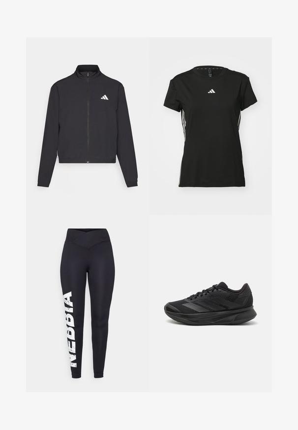 adidas Performance TRAIN ESSENTIALS 3 STRIPES WARM UP - Giacca sportiva - black/white; Maglietta sportiva nera a maniche corte, realizzata in materiale sintetico. Presenta un piccolo logo bianco sul petto e strisce bianche sui lati.; Leggings neri con una vita alta e incrociata davanti. Presentano una stampa bianca "NEBBIA" consumata lungo la gamba sinistra. Tessuto liscio e elastico.; Scarpa da corsa nera con tomaia in rete traspirante, punta rotonda, design elegante, dettagli testurizzati e suola ammortizzata per il comfort.
