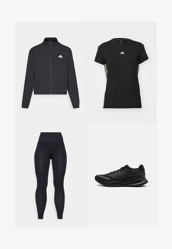 adidas Performance TRAIN ESSENTIALS 3 STRIPES WARM UP - Sportovní bunda - black/white; Černé sportovní tričko s krátkými rukávy, vyrobené ze syntetického materiálu. Má malé bílé logo na hrudi a bílé pruhy po stranách.; Černé žebrované legíny s vysokým pasem, vyrobené z elastického materiálu. Mají hladký povrch s vertikálními vzory po celém povrchu.; Černé sportovní boty vyrobené z síťoviny a syntetických materiálů, s kulatou špičkou, silnou podrážkou a charakteristickým designem se třemi pruhy.