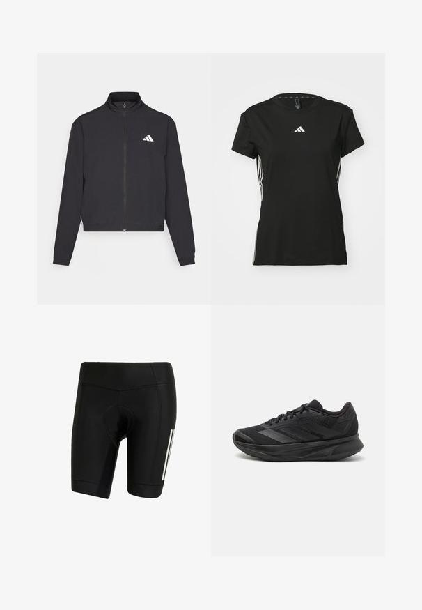 adidas Performance TRAIN ESSENTIALS 3 STRIPES WARM UP - Træningsjakke - black/white; Sort athletic t-shirt med korte ærmer, lavet af syntetisk materiale. Har et lille hvidt logo på brystet og hvide striber på siderne.; Sorte cykelshorts lavet af strækbart stof. Har en polstret sæde, flade sømme og hvide lodrette striber på venstre side.; Sort løbesko med en åndbar mesh-overdel, afrundet tå, strømlinet design, teksturerede detaljer og en polstret sål for komfort.
