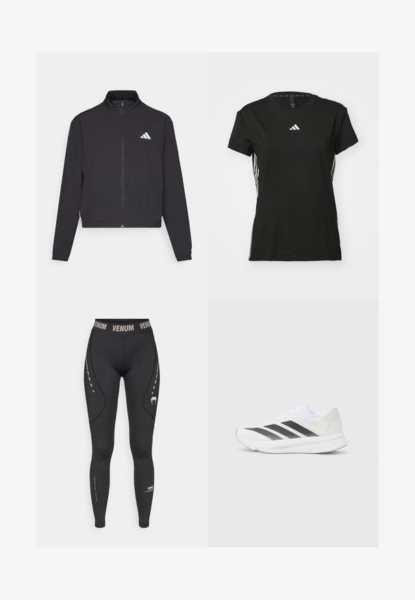 adidas Performance TRAIN ESSENTIALS 3 STRIPES WARM UP - Tréningová bunda - black/white; Čierne športové tričko s krátkymi rukávmi, vyrobené z syntetického materiálu. Obsahuje malé biele logo na hrudi a biele pruhy po stranách.; Čierne legíny s vysokým pásom, obsahujúce logo VENUM, zakrivené švy a svetlé dekoratívne línie na vonkajších stranách.; Biele športové topánky s čiernymi diagonálnymi pruhmi, sieťovinovým zvrškom, zaoblenou špičkou a textúrovanou podrážkou. Akcenty zahŕňajú striebornú pätu a minimalistický dizajn.