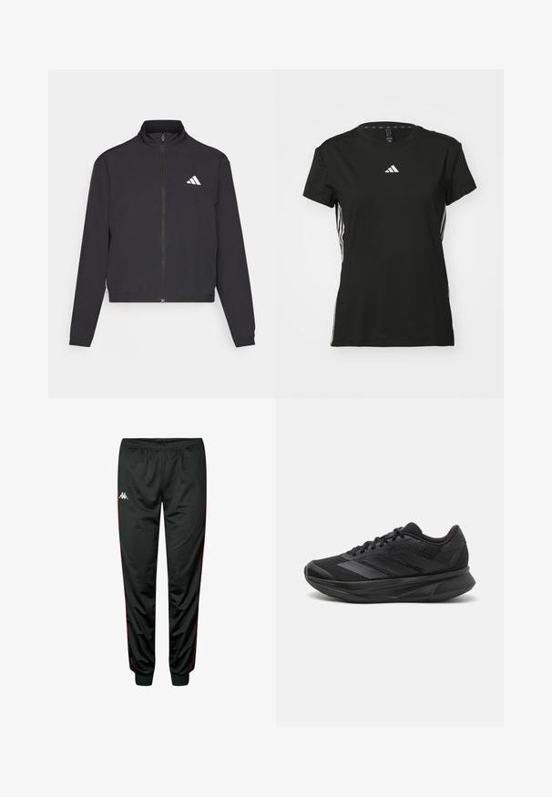 adidas Performance TRAIN ESSENTIALS 3 STRIPES WARM UP - Træningsjakke - black/white; Sort athletic t-shirt med korte ærmer, lavet af syntetisk materiale. Har et lille hvidt logo på brystet og hvide striber på siderne.; Sorte træningsbukser med røde sidelommer, elastisk talje, tapered ben, lavet af glat, letvægtigt stof. Har et logo på forsiden.; Sort løbesko med en åndbar mesh-overdel, afrundet tå, strømlinet design, teksturerede detaljer og en polstret sål for komfort.