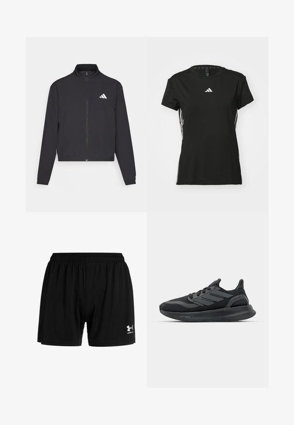 adidas Performance TRAIN ESSENTIALS 3 STRIPES WARM UP - Sportovní bunda - black/white; Černé sportovní tričko s krátkými rukávy, vyrobené ze syntetického materiálu. Má malé bílé logo na hrudi a bílé pruhy po stranách.; Černé sportovní kraťasy s elastickým pasem, vyrobené z lehké látky. Na dolní pravé straně je bílý logo značky Under Armour.; Černé sportovní boty s vrchní částí z prodyšné síťoviny, texturovanými panely, detaily s třemi pruhy a zakřivenou podešví označenou "LIGHT BOOST".