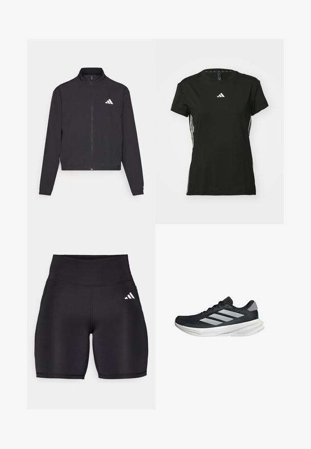 adidas Performance TRAIN ESSENTIALS 3 STRIPES WARM UP - Giacca sportiva - black/white; Maglietta sportiva nera a maniche corte, realizzata in materiale sintetico. Presenta un piccolo logo bianco sul petto e strisce bianche sui lati.; Shorts sportivi neri realizzati in tessuto elastico, con un'alta vita, una texture liscia e un logo bianco a tre strisce sul lato.; Scarpa da corsa nera con tomaia in mesh, tre strisce argentate, intersuola bianca e suola testurizzata. Presenta un colletto imbottito e chiusura con lacci.