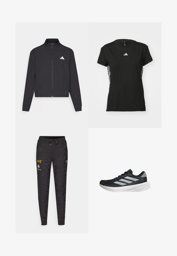 adidas Performance TRAIN ESSENTIALS 3 STRIPES WARM UP - Jakna za treniranje - black/white; Crni atletski majica s kratkim rukavima, napravljena od sintetičkog materijala. Ima mali bijeli logo na prsima i bijele pruge sa strane.; Crne trenirke s camo uzorkom, s elastičnim pojasom na vezanje, rebrastim manžetama i otisnutim UFC logotipima u zlatnoj i bijeloj boji.; Crne trkačke tenisice s mrežastim gornjim dijelom, tri srebrne pruge, bijeli srednji sloj i teksturirani potplat. Sadrži podstavljeni ovratnik i zatvaranje s vezicama.