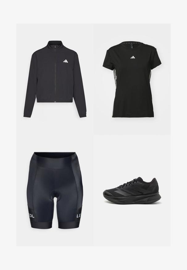 adidas Performance TRAIN ESSENTIALS 3 STRIPES WARM UP - Tréningová bunda - black/white; Čierne športové tričko s krátkymi rukávmi, vyrobené z syntetického materiálu. Obsahuje malé biele logo na hrudi a biele pruhy po stranách.; Čierne cyklistické šortky s tesným strihom, vyrobené z hladkej, elastickej tkaniny. Obsahujú vystlanú sedaciu časť a kontrastné biele logo na boku.; Čierna bežecká obuv s priedušným sieťovaným zvrškom, zaoblenou špičkou, štíhlym dizajnom, štruktúrovanými akcentmi a polstrovanou podrážkou pre pohodlie.