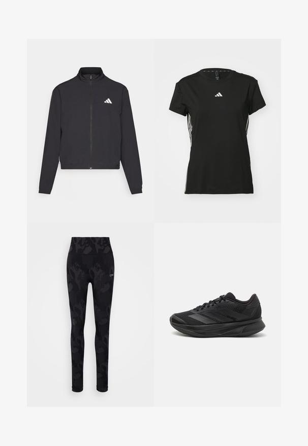 adidas Performance TRAIN ESSENTIALS 3 STRIPES WARM UP - Trainingsvest - black/white; Zwarte sportt-shirt met korte mouwen, gemaakt van synthetisch materiaal. Bevat een klein wit logo op de borst en witte strepen aan de zijkanten.; Zwarte leggings met een subtiele tonale luipaardprint, hoge tailleband en een zachte textuur. Bevat het logo "ICIW" aan de voorkant.; Zwarte hardloopschoen met een ademende mesh bovenkant, ronde neus, slank ontwerp, textuuraccenten en een gevoerde zool voor comfort.
