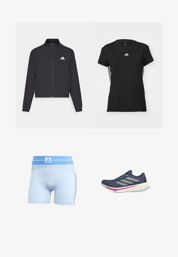 adidas Performance TRAIN ESSENTIALS 3 STRIPES WARM UP - Jakna za treniranje - black/white; Crni atletski majica s kratkim rukavima, napravljena od sintetičkog materijala. Ima mali bijeli logo na prsima i bijele pruge sa strane.; Svijetloplave atletske hlače sa pripijenim dizajnom. Imaju rebrasti pojas i suptilne bočne pruge u tamnijoj plavoj boji.; Mornarica trkačka cipela s gornjim dijelom od mrežastog materijala, srebrnim trakama, mint zelenim detaljima i podloženom stvorenom nogom koja ima ružičaste i tirkizne nijanse za udobnost.