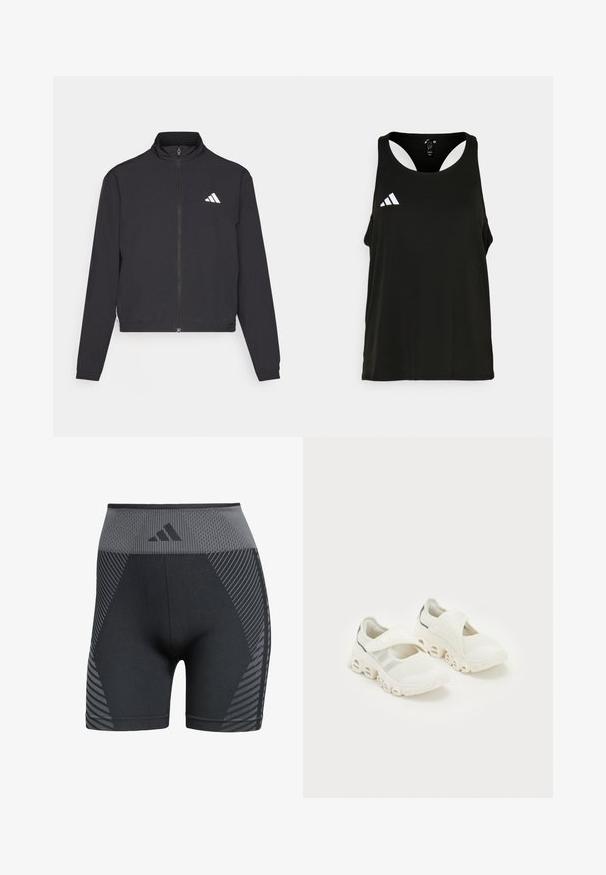 adidas Performance TRAIN ESSENTIALS 3 STRIPES WARM UP - Giacca sportiva - black/white; Canottiera sportiva nera con scollatura tonda e design aperto sulla schiena. Presenta un logo Adidas bianco sulla parte sinistra del petto. Tessuto morbido e leggero.; Pantaloni sportivi neri a vita alta con texture in rete, caratterizzati da motivi geometrici grigi e un logo sulla cintura, realizzati in materiale flessibile.; Scarpe da ginnastica bianche in rete con chiusura a cintura, supporto per la caviglia imbottito e un design distintivo della suola curva con sezioni incavate.