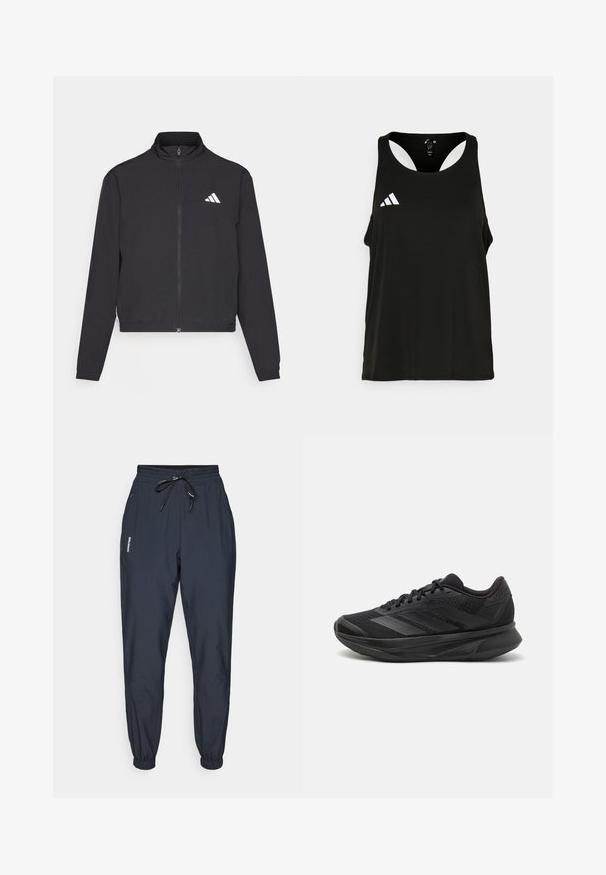 adidas Performance TRAIN ESSENTIALS 3 STRIPES WARM UP - Verryttelytakki - black/white; Musta urheilullinen tank top, jossa on pyöreä kaula-aukko ja avoin selkäosa. Vasemmassa rintakehässä on valkoinen Adidas-logo. Pehmeä ja kevyt kangas.; Tummansinisiä verkkareita, joissa on joustava vyötärö ja säädettävä naru. Ominaisuuksiin kuuluu kapenevat lahkeet ja sivu logo-yksityiskohta.; Mustat juoksukengät, joissa on hengittävä verkkoyläosa, pyöreä varvas, sulavalinjainen muotoilu, teksturoidut yksityiskohdat ja pehmustettu pohja mukavuutta varten.