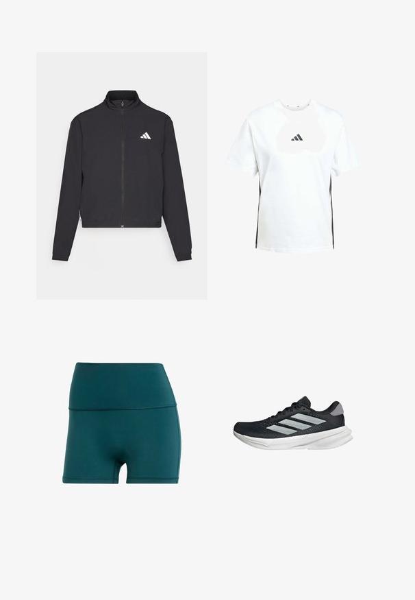 adidas Performance TRAIN ESSENTIALS 3 STRIPES WARM UP - Training jacket - black/white; White cotton T-shirt with short sleeves, featuring a black Adidas logo on the chest and black side stripes for contrast.; Teal athletic shorts made of smooth, stretchy material. High waistband with flat seams, featuring a fitted design and mid-thigh length.; Black running shoe with mesh upper, three silver stripes, white midsole, and textured outsole. Features padded collar and lace closure.
