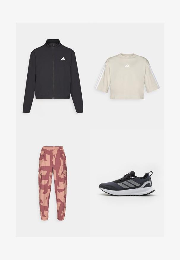 adidas Performance TRAIN ESSENTIALS 3 STRIPES WARM UP - Treningsjakke - black/white; Kuttet beige t-skjorte laget av myk bomull. Har rund halslinning, oversized kortermede ermer og tre hvite striper på begge ermer.; Cargo bukser i et abstrakt mønster i pink og creme, med elastisk talje, sidelommer og løs pasform for komfort og bevægelighed.; Svart atletisk sko med nettingoverdel, hvit mellomsåle, strukturert gummisåle og tre grå striper på siden. Har lisser og en hempe.