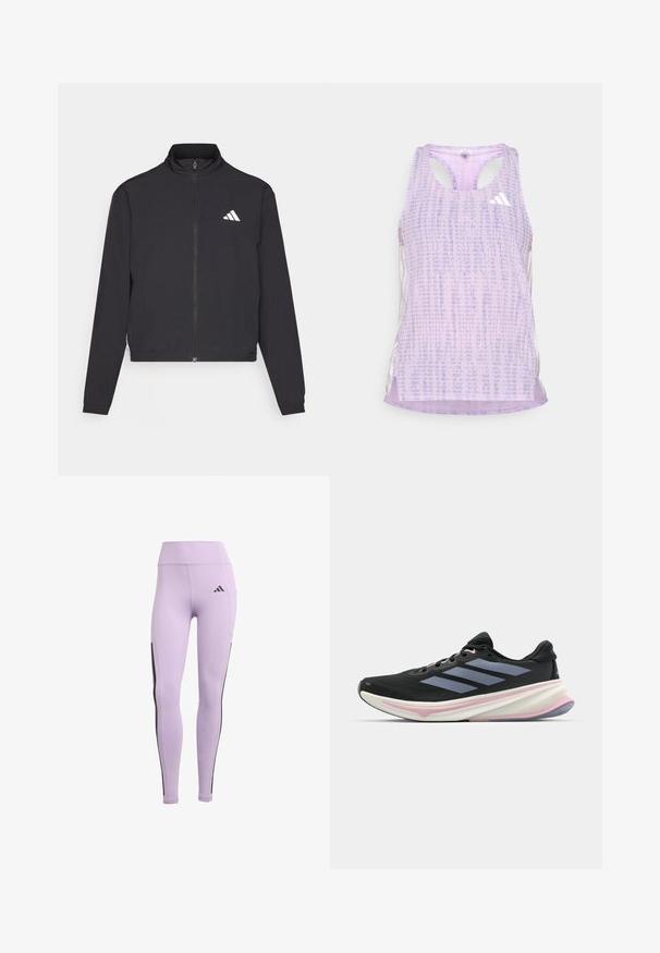 adidas Performance TRAIN ESSENTIALS 3 STRIPES WARM UP - Veste de survêtement - black/white; Débardeur de sport violet avec un tissu texturé et à motifs. Présente des côtés découpés et un petit logo blanc à l'avant.; Leggings de sport violets avec une taille haute, un tissu extensible, des bandes latérales noires et le logo Adidas à l'avant.; Chaussures de sport noires avec une tige en mesh, présentant des rayures grises, une semelle intermédiaire blanche avec des touches roses et une semelle extérieure texturée.