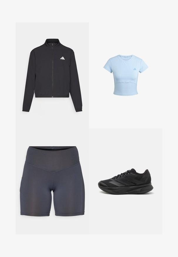 adidas Performance TRAIN ESSENTIALS 3 STRIPES WARM UP - Jakna za treniranje - black/white; Svijetloplavi skraćeni sportski majica s kratkim rukavima, rebrasti donji dio i suptilan logo na prsima. Glatka tekstura, prilagođen dizajn.; Tamno sivi atletski šortsevi napravljeni od glatkog, rastezljivog materijala. Imaju visoki pojas i kontrastnu šavove, uz detalj bočne džepa.; Crne trkaće tenisice s prozračnom mrežastom gornjom konstrukcijom, zaobljenim prstima, elegantnim dizajnom, teksturiranim detaljima i mekanim potplatom za udobnost.