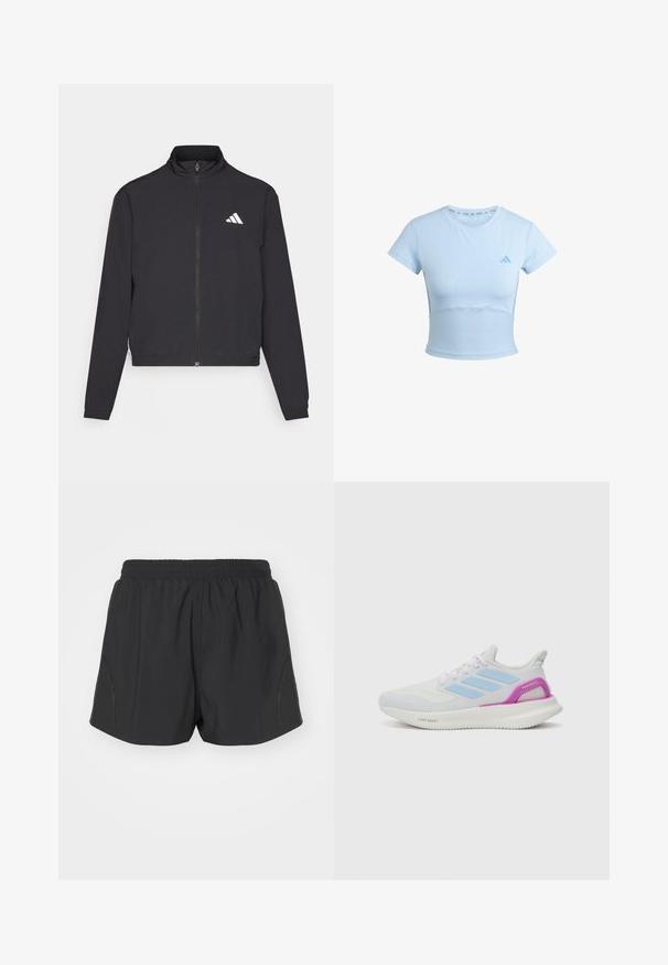 adidas Performance TRAIN ESSENTIALS 3 STRIPES WARM UP - Sportovní bunda - black/white; Světle modré sportovní tričko s krátkými rukávy a zkráceným střihem, žebrovanou spodní částí a jemným logem na hrudi. Hladká textura, přiléhavý design.; Černé běžecké šortky s elastickým pasem, lehký materiál a texturovaný design s jemnými bočními akcenty.; adidas Performance PUREBOOST 5 - Silniční běžecké boty - white/glow blue/purple burst