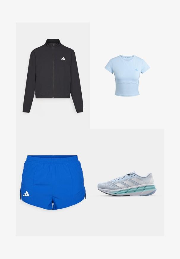 adidas Performance TRAIN ESSENTIALS 3 STRIPES WARM UP - Chaqueta de entrenamiento - black/white; Camiseta deportiva corta de color azul claro con mangas cortas, sección inferior acanalada y un logo sutil en el pecho. Textura suave, diseño ajustado.; Shorts deportivos azules con una cintura elástica, con el logo blanco de Adidas en el lado izquierdo y aberturas laterales para una mayor movilidad.; Zapatillas deportivas azul claro con un upper de punto texturizado, acentos blancos y una suela intermedia verde transparente. Punta redondeada y cuello acolchado.