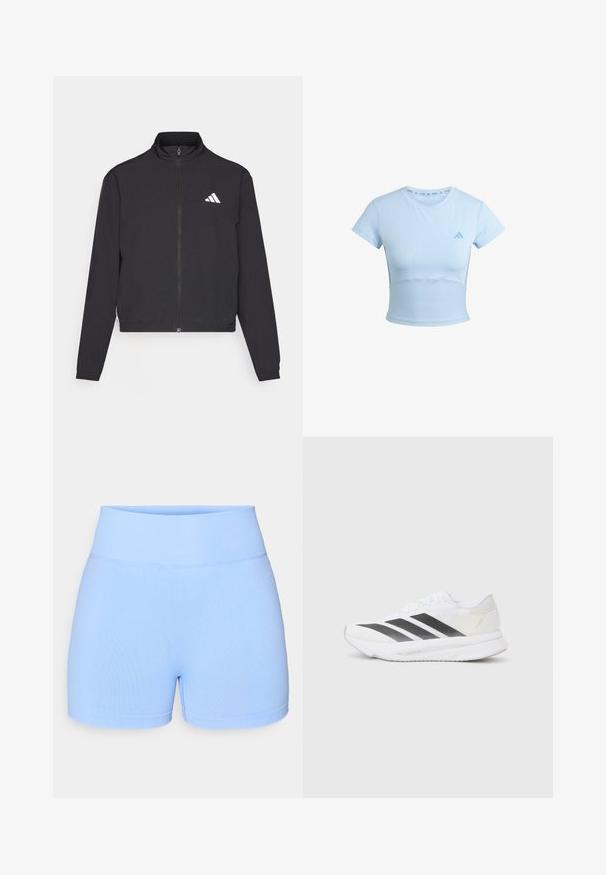 adidas Performance TRAIN ESSENTIALS 3 STRIPES WARM UP - Training jacket - black/white; Light blue cropped athletic t-shirt with short sleeves, ribbed lower section, and subtle logo on the chest. Smooth texture, fitted design.; Light blue shorts made of a soft, stretchy fabric. Features a wide, ribbed waistband and a simple design with no visible patterns or accents.; White athletic shoe with black diagonal stripes, mesh upper, rounded toe, and textured sole. Accents include a silver heel and minimalistic design.