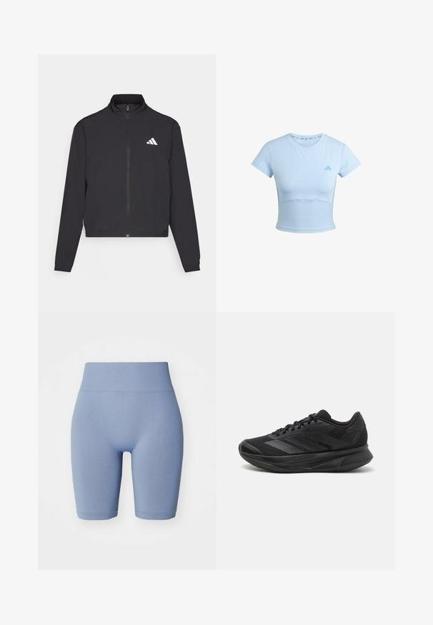 adidas Performance TRAIN ESSENTIALS 3 STRIPES WARM UP - Training jacket - black/white; Light blue cropped athletic t-shirt with short sleeves, ribbed lower section, and subtle logo on the chest. Smooth texture, fitted design.; Light blue bike shorts with a high elastic waistband. Smooth texture, form-fitting design, and a mid-thigh length. No patterns or accents.; Black running shoe with a breathable mesh upper, rounded toe, sleek design, textured accents, and a cushioned sole for comfort.