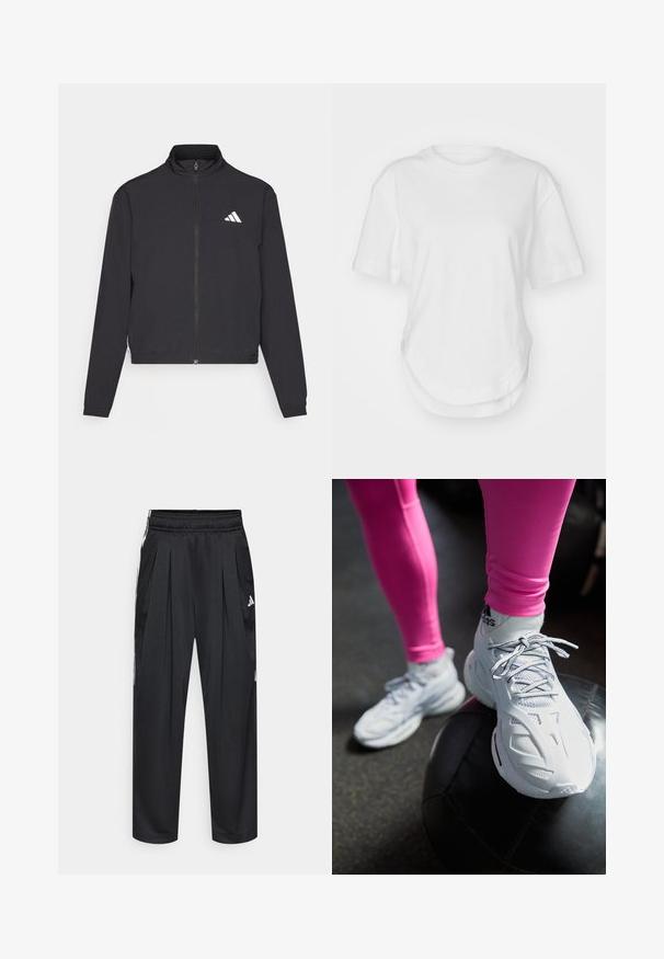 adidas Performance TRAIN ESSENTIALS 3 STRIPES WARM UP - Sportinė striukė - black/white; Balta medvilninė marškinė su apvaliu kaklu, trumpomis rankovėmis ir išlenktu apatiniu kraštu. Lygi tekstūra be raštų ar akcentų.; Juodos sportinės kelnės su klostėmis, elastinga juosmens juosta ir šoninėmis juostelėmis. Pagamintos iš lygaus audinio, su baltu „Adidas“ logotipu.; Balti sportiniai batai su tinklelio ir sintetinių medžiagų apdailomis, su raišteliais, kreivais bruožais, ilsintys ant juodo medicininio kamuolio, prieš tamsų foną.