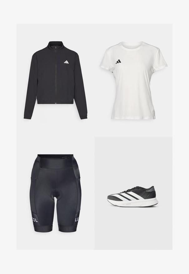 adidas Performance TRAIN ESSENTIALS 3 STRIPES WARM UP - Treniņjaka - black/white; Balts sporta T-krekls, kas izgatavots no mitrumu absorbējoša auduma. Īsās piedurknes, apaļa kakla izgriezums, kreisajā krūtī ir melna logo un trīs svītru emblema.; Melnas riteņbraukšanas bikses, izgatavotas no gludas auduma. Aprīkotas ar polsterētu sēžamvietu, augstu jostu un logo akcentiem sānos.; Melnas sporta kurpes ar baltām strīpām, sieta augšdaļa, mīksta zole un elegants dizains. Pelēki akcenti uz papēža un mēles.