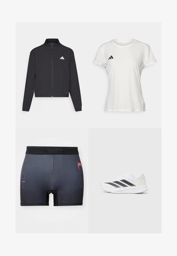 adidas Performance TRAIN ESSENTIALS 3 STRIPES WARM UP - Tréning dzseki - black/white; Fehér sportpóló, nedvességel szemben ellenálló anyagból készült. Rövid ujjú, kerek nyakkivágású, fekete logóval és három csíkkal ellátott emblémával a bal mellkason.; Fekete sportnadrág rózsaszín logóval és díszítésekkel, sima, rugalmas anyagból készült. Hálós panelek biztosítják a szellőzést.; Fehér sportcipő fekete átlós csíkokkal, hálós felsőrésszel, lekerekített orral és texturált talppal. A kiegészítők között szerepel egy ezüst sarok és minimalista dizájn.