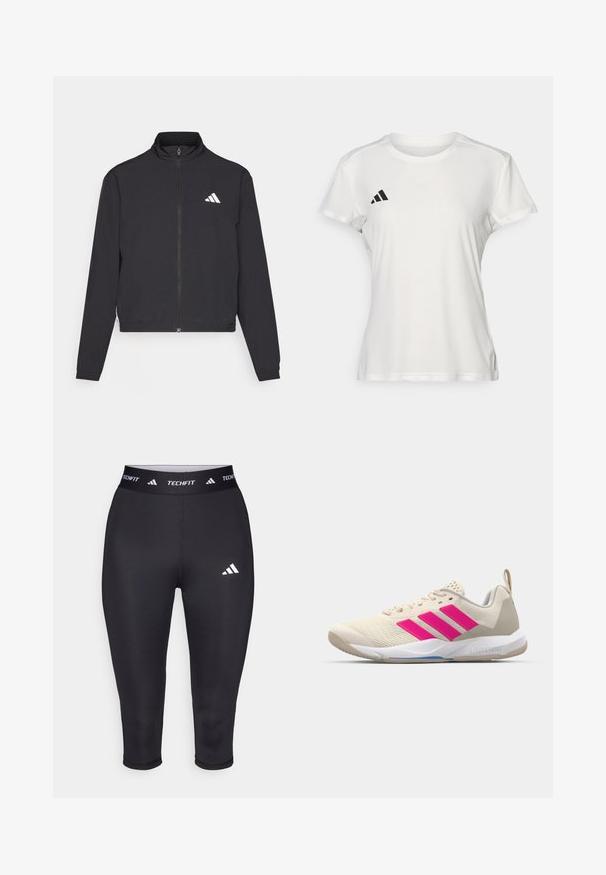 adidas Performance TRAIN ESSENTIALS 3 STRIPES WARM UP - Bluză de trening - black/white; Tricou sportiv alb din material care absoarbe umezeala. Mâneci scurte, guler rotund, cu logo negru și emblemă cu trei dungi pe pieptul stâng.; Leggings capri negre Techfit, fabricate din material elastic. Prezintă un tiv lat cu branding alb și un mic logo alb pe coapsă.; Pantof de sport bej cu logo în trei dungi roz, superior din plasă texturată, guler căptușit și talpă din cauciuc alb, având marca "LIGHTSTRIKE".
