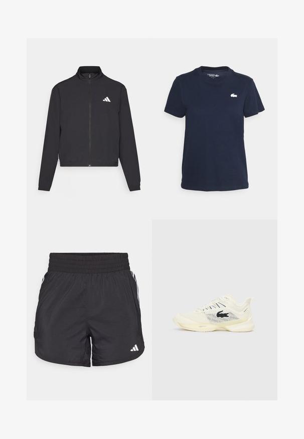 adidas Performance TRAIN ESSENTIALS 3 STRIPES WARM UP - Training jacket - black/white; Navy blue cotton t-shirt with a crew neckline and short sleeves. Features a small white Lacoste logo on the left chest. Soft texture.; Black athletic shorts with an elastic waistband, side pockets, and white stripe accents on the sides. Made of lightweight material.; Lacoste athletic shoes in cream with black logo. Features mesh upper, textured sole, and lace-up design for secure fit. Lightweight construction.