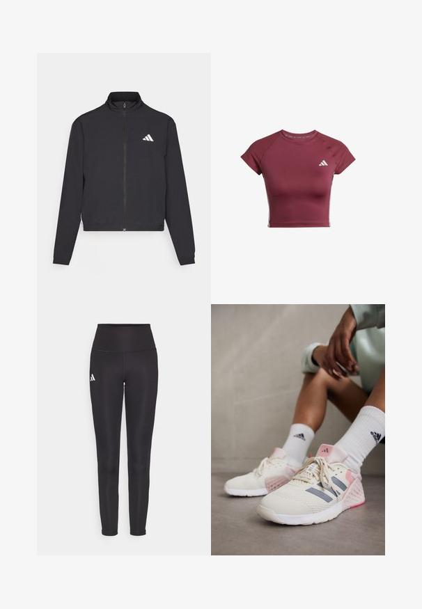 adidas Performance TRAIN ESSENTIALS 3 STRIPES WARM UP - Training jacket - black/white; Maroon athletic crop top made of smooth fabric. Features short sleeves and ribbed detailing on the shoulders. White logo on the chest.; Black high-waisted leggings made of stretchy fabric. Features a white logo on the left side and sleek, seamless design. Smooth texture.; adidas Performance DROPSET 3 - Training shoe - chalk white/iron metallic/semi pink spark