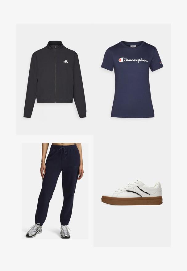 adidas Performance TRAIN ESSENTIALS 3 STRIPES WARM UP - Trainingsvest - black/white; Navyblauwe katoenen t-shirt met korte mouwen, met een wit "Champion" logo. Regular fit met een ronde hals en een zachte textuur.; Marineblauwe fleece joggingbroeken met elastische tailleband, trekkoord en geplooide enkels. Bevat een subtiele geborduurde logo aan de zijkant.; Witte sneakers met een glad leren bovenwerk, zwarte accenten, ronde neus en een rubberen bruine zool. Bevat perforaties aan de zijkant en een logo.