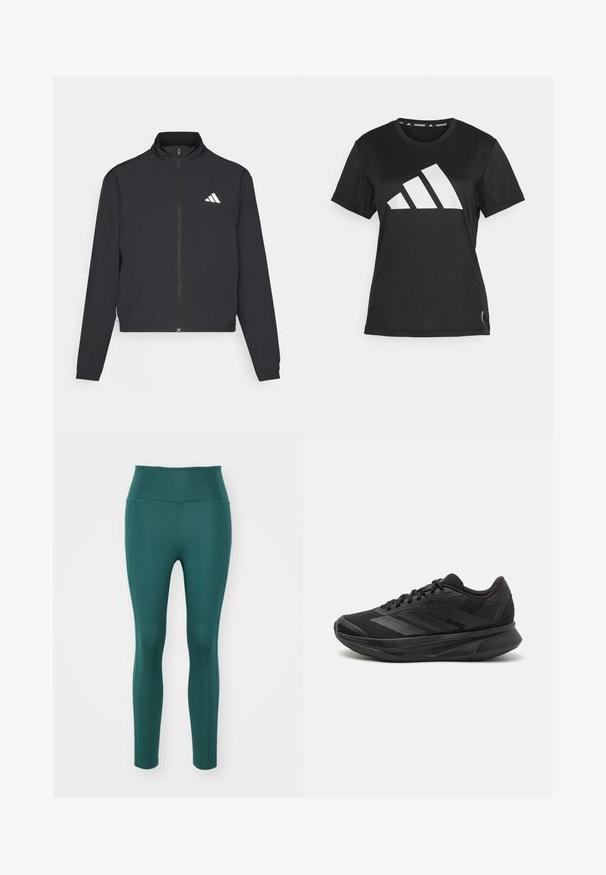 adidas Performance TRAIN ESSENTIALS 3 STRIPES WARM UP - Casaco de treino - black/white; T-shirt atlético preto feito de um tecido suave, apresentando um grande logótipo de três riscas brancas na frente e detalhes de etiqueta na bainha.; Leggings de cintura alta em azul profundo, feitos de um tecido liso e elástico. Apresentam um design ajustado sem costuras ou padrões visíveis.; Sapatilha de corrida preta com parte superior em malha respirável, bico arredondado, design elegante, detalhes texturizados e sola acolchoada para conforto.