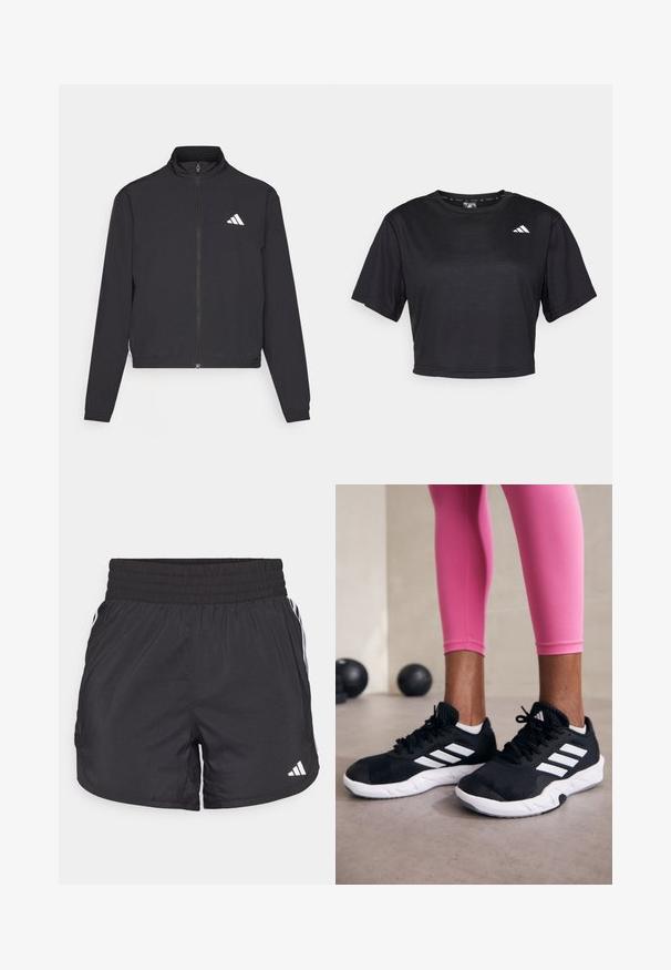 adidas Performance TRAIN ESSENTIALS 3 STRIPES WARM UP - Training jacket - black/white; Black cropped t-shirt made of smooth fabric. Features short sleeves, a crew neck, and a small white logo on the front left.; Black athletic shorts with an elastic waistband, side pockets, and white stripe accents on the sides. Made of lightweight material.; Black athletic shoes with white stripes, textured mesh upper, and a white sole. Worn with pink leggings, showcasing training apparel.