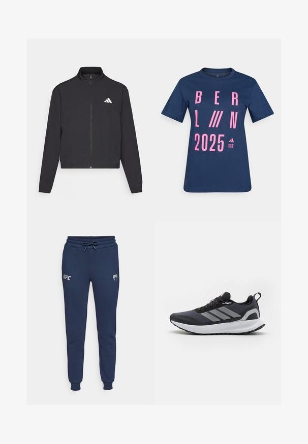 adidas Performance ESSENTIALS 3 STRIPES czarny; Granatowa bawełniana koszulka z dużym różowym napisem "BERLIN 2025" z graficznymi akcentami. Okrągły dekolt i krótkie rękawy.; Granatowe dresy wykonane z miękkiego materiału, z wiązaniem w talii, ściągaczami na mankietach oraz nadrukowanym logo UFC po lewej stronie.; Czarne sportowe buty z siateczkową cholewką, białą podeszwą środkową, teksturowaną podeszwą z gumy oraz trzema szarymi paskami po boku. Wyposażone w sznurowadła i uchwyt do zakupu.