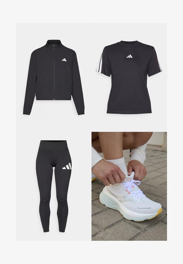 adidas Performance TRAIN ESSENTIALS 3 STRIPES WARM UP - Bluză de trening - black/white; Tricou athletic negru, fabricat dintr-un material moale, cu guler rotund, mâneci scurte și trei dungi albe pe fiecare umăr. Logo alb pe piept.; Colanți negri dintr-un material elastic, cu o talie înaltă și trei dungi albe diagonale pe coapsa stângă. Textură netedă.; Saucony HURRICANE 24 - Pantofi de alergare pe asfalt - white
