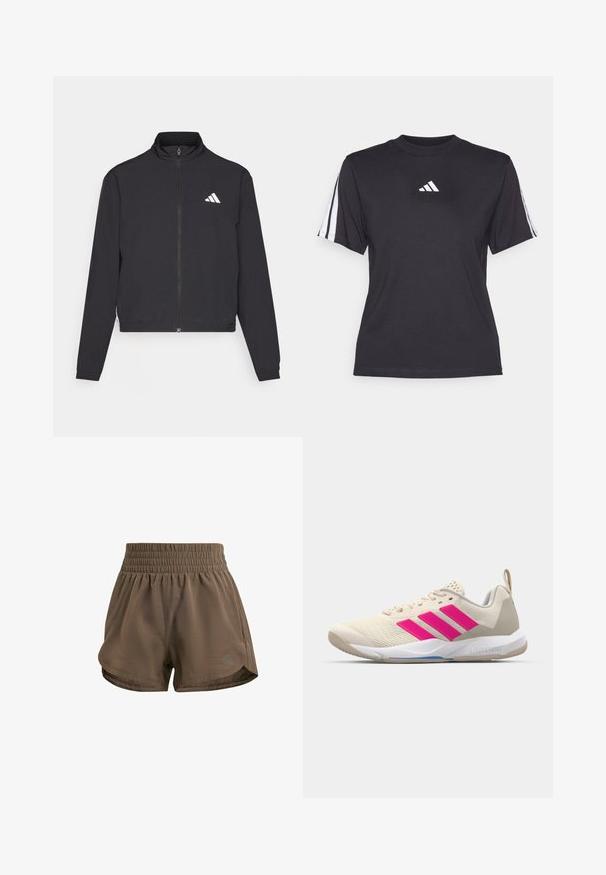 adidas Performance TRAIN ESSENTIALS 3 STRIPES WARM UP - Trainingsvest - black/white; Zwarte sport T-shirt van zacht materiaal, met een ronde hals, korte mouwen en drie witte strepen op elke schouder. Witte logo op de borst.; Fitte bruine sportshorts met een elastische tailleband, voorzien van een losse pasvorm, zijsplits en een subtiele merkl logo in de onderste hoek.; Beige sportshoe met een roze drie-strepen logo, een textuur-mesh bovenkant, een gevoerde kraag en een witte rubberen zool, met "LIGHTSTRIKE" branding.