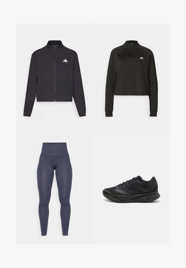 adidas Performance TRAIN ESSENTIALS 3 STRIPES WARM UP - Tréningová bunda - black/white; Čierny pulóver s krátkym zipsom, vyrobený z hladkého materiálu, dlhé rukávy, s vysokým golierom a bielym logom na ľavej hrudi.; Legíny s vysokým pásom v tmavošedej farbe s ryhľovanou štruktúrou. Navrhnuté na tesné priliehanie, s bezšvovou konštrukciou a hladkým pásom.; Čierna bežecká obuv s priedušným sieťovaným zvrškom, zaoblenou špičkou, štíhlym dizajnom, štruktúrovanými akcentmi a polstrovanou podrážkou pre pohodlie.