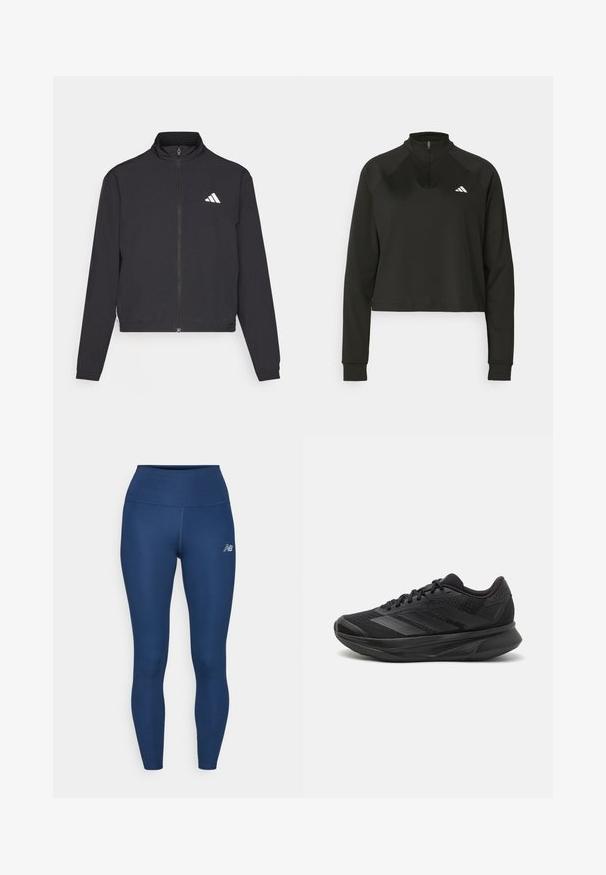 adidas Performance TRAIN ESSENTIALS 3 STRIPES WARM UP - Jakna za treniranje - black/white; Crna puloverica s četvrtim patentnim zatvaračem izrađena od glatkog materijala s dugim rukavima, s visokim ovratnikom i bijelim logotipom na lijevoj strani grudi.; Mornarsko plave sportske tajice izrađene od rastezljivog materijala, sa visokim strukom, glatkom teksturom i malim reflektirajućim logotipom sa strane.; Crne trkaće tenisice s prozračnom mrežastom gornjom konstrukcijom, zaobljenim prstima, elegantnim dizajnom, teksturiranim detaljima i mekanim potplatom za udobnost.