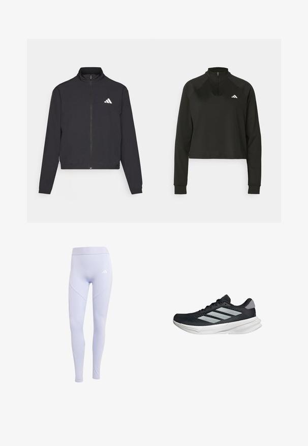 adidas Performance TRAIN ESSENTIALS 3 STRIPES WARM UP - Trainingsjacke - black/white; Schwarzer Pullover mit Viertelreißverschluss aus glattem Stoff, langärmlig, mit hohem Kragen und einem weißen Logo auf der linken Brust.; Helle lila Leggings aus elastischem Stoff mit einem hohen Bund, versehen mit einem dezenten Logo und einem nahtlosen Seitenpanele-Design.; Schwarzer Laufschuh mit Mesh-Obermaterial, drei silbernen Streifen, weißer Zwischensohle und strukturiertem Außensohle. Verfügt über einen gepolsterten Schaft und eine Schnürung.