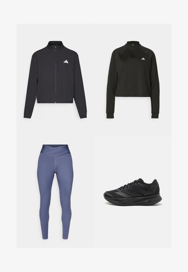adidas Performance TRAIN ESSENTIALS 3 STRIPES WARM UP - Verryttelytakki - black/white; Mustapintainen neljännekselle vetoketjulla varustettu pulloveri, joka on valmistettu sileästä kankaasta ja jossa on pitkät hihat. Tässä on korkea kaulus ja valkoinen logo vasemmassa rinnassa.; Korkeavyötäröiset leggingsit sinisessä kankaassa, jossa on sileä pinta. Vyötärökaistaleessa on ristiinlaskettu muotoilu ja litteät saumat mukavuuden lisäämiseksi.; Mustat juoksukengät, joissa on hengittävä verkkoyläosa, pyöreä varvas, sulavalinjainen muotoilu, teksturoidut yksityiskohdat ja pehmustettu pohja mukavuutta varten.