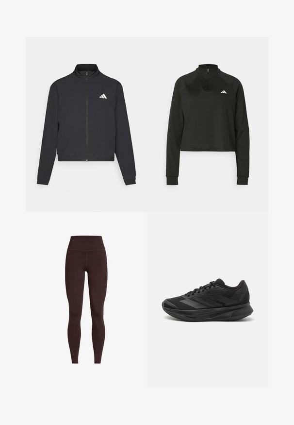 adidas Performance TRAIN ESSENTIALS 3 STRIPES WARM UP - Chaqueta de entrenamiento - black/white; Sudadera negra de media cremallera hecha de tela suave, con mangas largas, que cuenta con un cuello alto y un logo blanco en el lado izquierdo del pecho.; Leggings marrones de tiro alto hechos de una tela suave y elástica; cuentan con costuras planas y un diseño ajustado para mayor comodidad y soporte.; Zapatilla de running negra con parte superior de malla transpirable, punta redondeada, diseño elegante, acentos texturizados y suela acolchada para mayor comodidad.