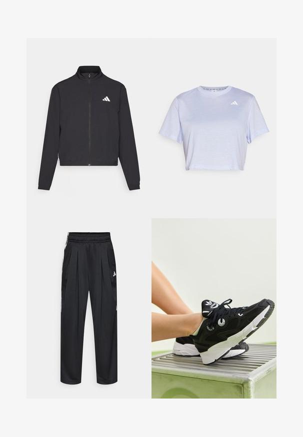 adidas Performance TRAIN ESSENTIALS 3 STRIPES WARM UP - Verryttelytakki - black/white; Lyhyt hihaisella cropattu T-paita vaaleanlaventelilla värillä, joka on valmistettu pehmeästä kankaasta. Esittelee pienen valkoisen logon vasemmassa ylärintataskussa.; Mustat urheiluhousut, joissa on laskokset, joustava vyötärönauha ja sivuraidat. Valmistettu sileästä kankaasta, jossa on valkoinen Adidas-logo.; Mustat urheilukengät, joissa on verkkomainen ja synteettinen päällinen, valkoinen välipohja ja pyöreät nauhoitusreiät. Varustettu merkkilogolla kielekkeessä ja paksulla kumipohjalla.