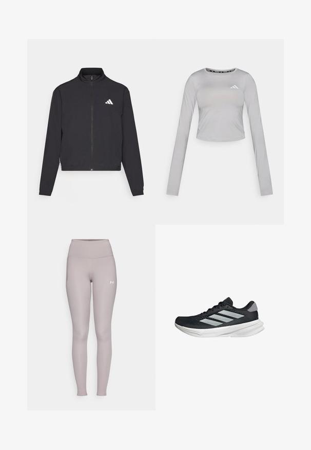 adidas Performance TRAIN ESSENTIALS 3 STRIPES WARM UP - Training jacket - black/white; Gray long-sleeve crop top made from smooth fabric, featuring a round neckline and a subtle logo on the left chest area.; Under Armour MOTION LEGGING - Leggings - tetra gray/white; Black running shoe with mesh upper, three silver stripes, white midsole, and textured outsole. Features padded collar and lace closure.