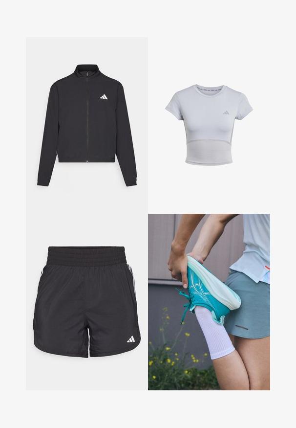 adidas Performance TRAIN ESSENTIALS 3 STRIPES WARM UP - Tréningová bunda - black/white; adidas Performance Športové tričko - halo silver grey; Čierne športové šortky s elastickým pásom, bočnými vreckami a bielymi pruhmi po stranách. Vyrobené z ľahkého materiálu.; Tyrkysová športová topánka s textúrovaným povrchom, bielymi šnúrami a podrážkou. Osoba sa natiahne a má na sebe bielu ponožku a šedé športové šortky.