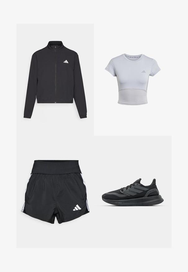 adidas Performance TRAIN ESSENTIALS 3 STRIPES WARM UP - Jakna za treniranje - black/white; adidas Performance Sportska majica - halo silver grey; Crne atletske kratke hlače od laganog materijala, s širokim pojasom, bijelim bočnim trakama i malim bijelim logotipom na donjem rubu.; Crne atletske cipele s mrežastim gornjim dijelom, teksturiranim panelima, detaljem od tri pruge i zakrivljenim potplatom označenim "LIGHT BOOST."